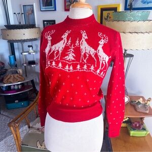 Vintage 1940s Sweater | 4 Deer | Novelty | Red | Wool | S M | 40s | Ski